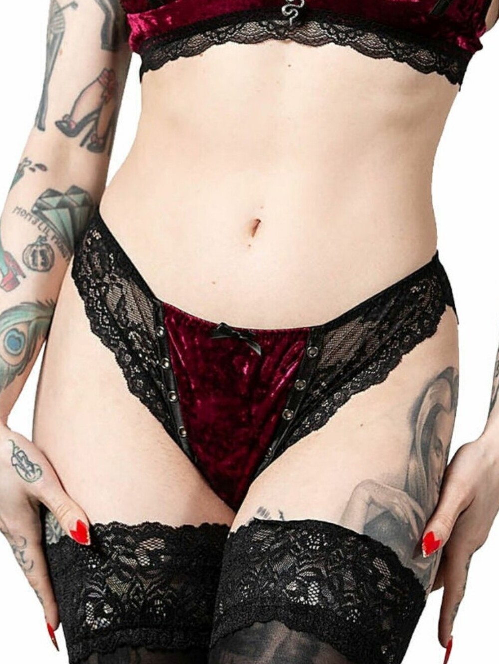 Killstar Velvet & Lace High-Cut Thong - Burgundy and Black